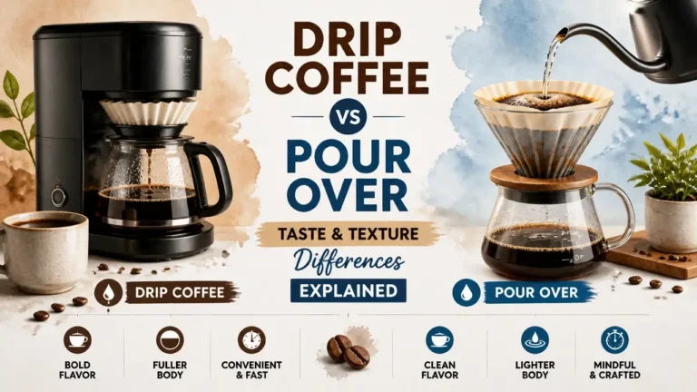 A side-by-side artistic comparison of drip coffee versus pour over highlighting taste and texture differences.