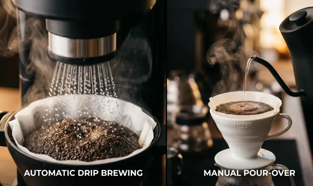 Split-screen macro comparison showing an automatic drip coffee machine showerhead spraying water versus a precise manual V60 pour over stream from a gooseneck kettle.