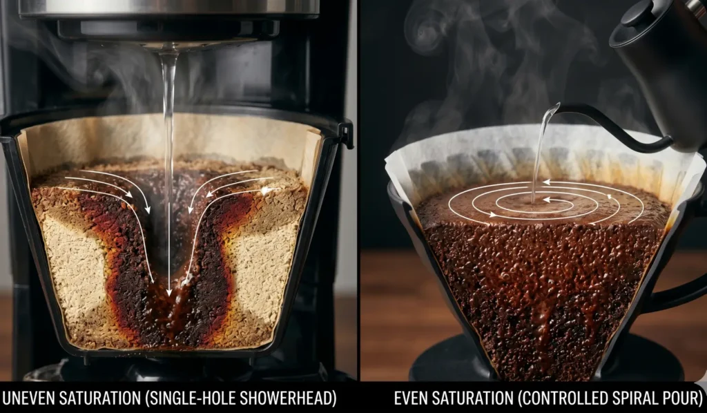 A split-screen infographic comparing coffee saturation: a single-hole drip showerhead causing channeling (left) versus a controlled spiral pour achieving even saturation (right).