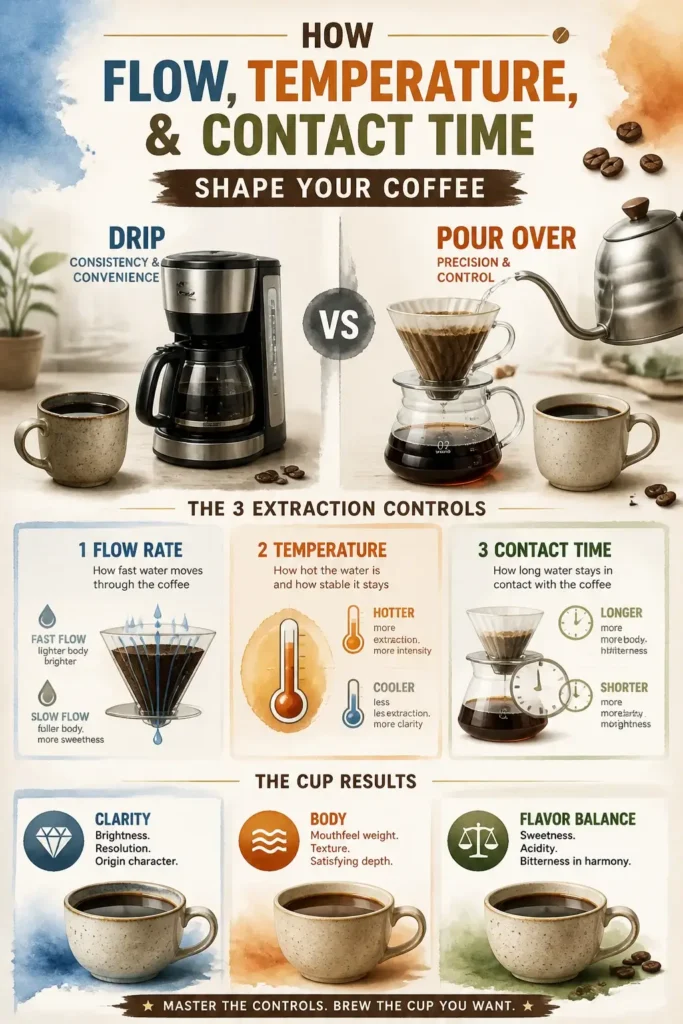 Infographic comparing drip and pour over coffee brewing, explaining how flow rate, temperature, and contact time affect extraction. Shows fast flow vs slow flow, cooler vs hotter water, longer vs shorter contact time, and resulting cup characteristics like clarity, body, sweetness, and flavor balance.