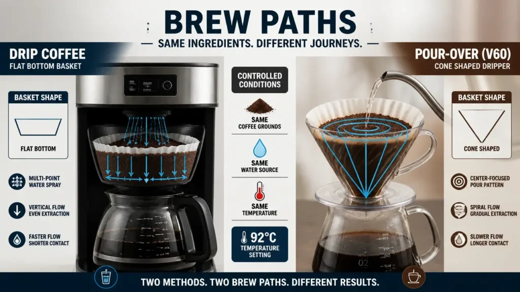 Side by side comparison of commercial drip coffee machine and manual V60 pour over station showing flow dynamics.