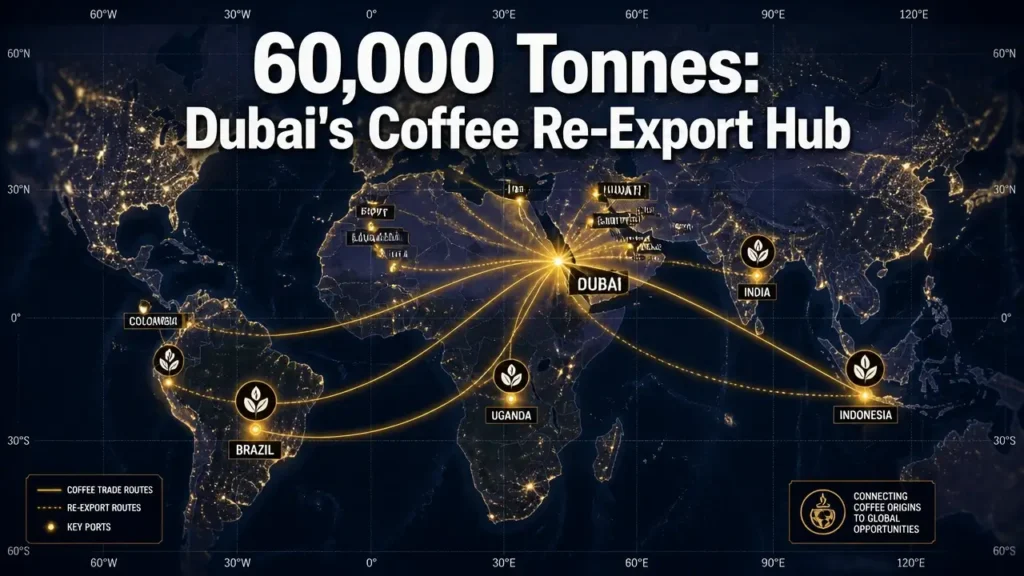 Night satellite map with golden trade routes converging on Dubai, UAE coffee re-export hub typography overlay