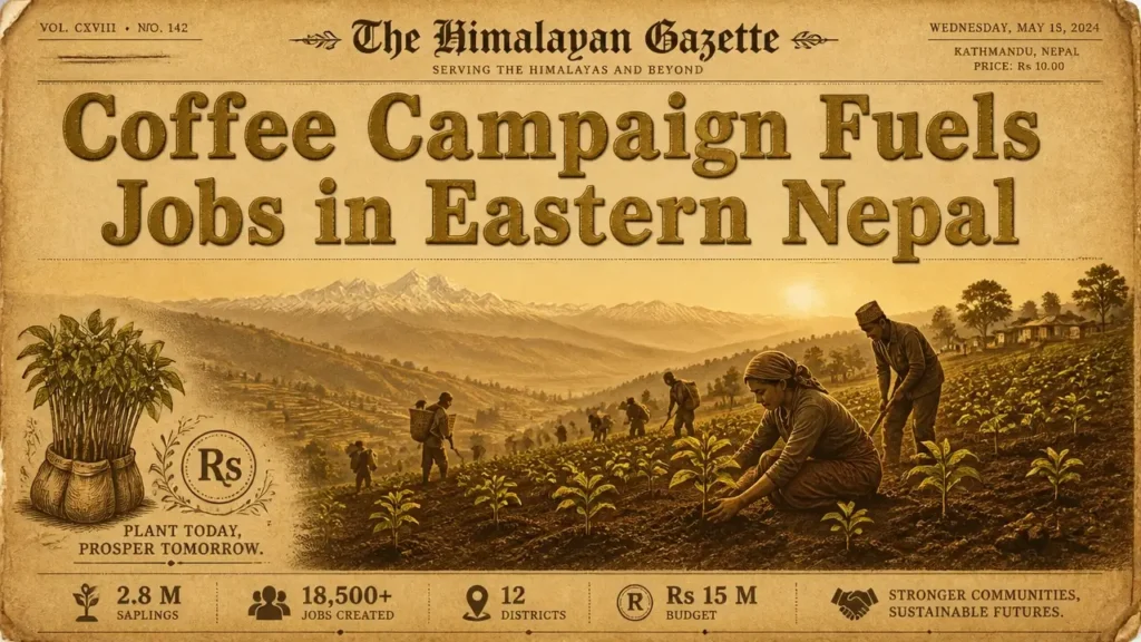 Vintage newspaper style image showing coffee saplings, hills and workers in eastern Nepal, with bold headline about local coffee campaign