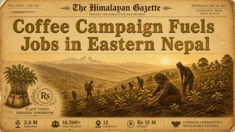 Vintage newspaper style image showing coffee saplings, hills and workers in eastern Nepal, with bold headline about local coffee campaign