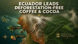 Cartographic illustration of Ecuador highlighting coffee and cocoa agroforestry zones with hopeful headline about deforestation‑free production