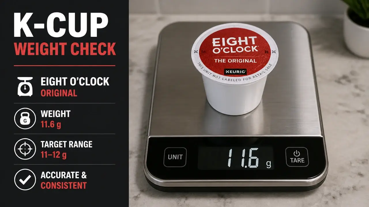 K-Cup Caffeine Levels: Complete Brand Chart, Calculator & Safe Daily Limits 6 Digital scale measuring Eight O Clock Original coffee pod weight
