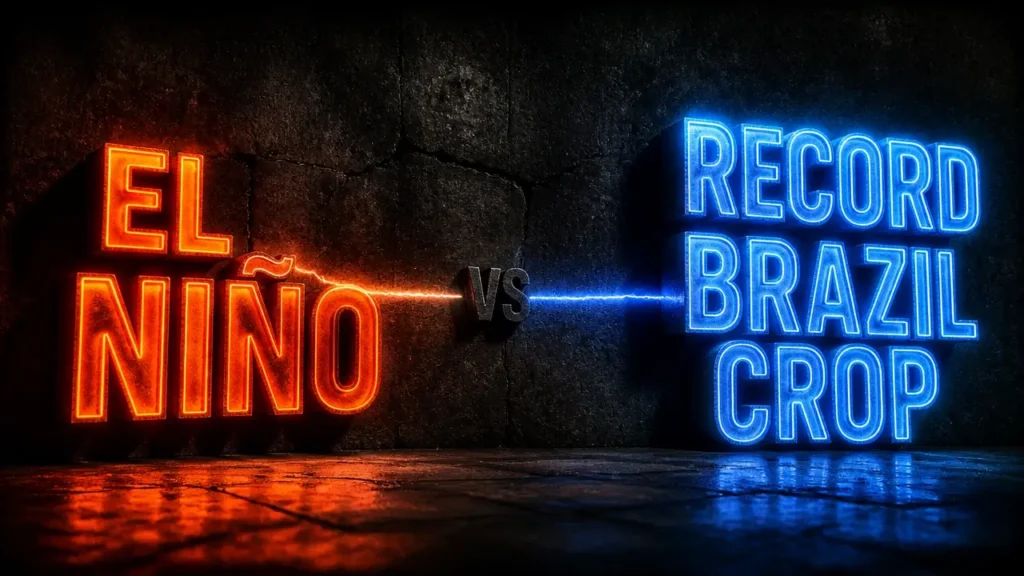 El Niño coffee prices clash with record Brazil forecasts 3 Glowing 3D typography 'El Niño vs Record Crop' on dark textured surface with neon orange and blue lights, representing coffee price tension.