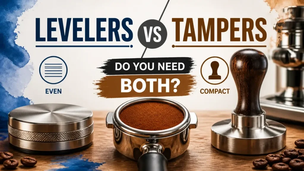 A professional 3D infographic showing a comparison between an espresso leveler and a tamper for baristas.