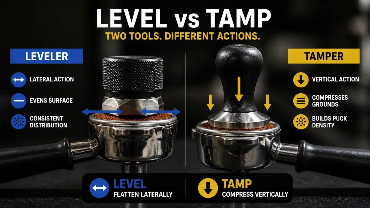 espresso puck leveler and tamper preparation