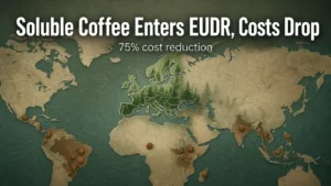 Stylized world map highlighting Europe with coffee bean symbols and forest silhouettes, overlaid with bold headline about EUDR soluble coffee cost reduction