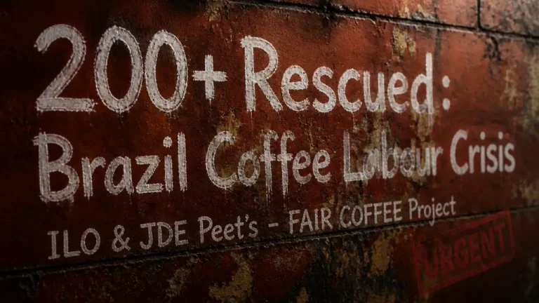 Chalk typography on weathered wall reading 200+ Rescued Brazil Coffee Labour Crisis with ILO and JDE Peet's text, highlighting FAIR COFFEE project