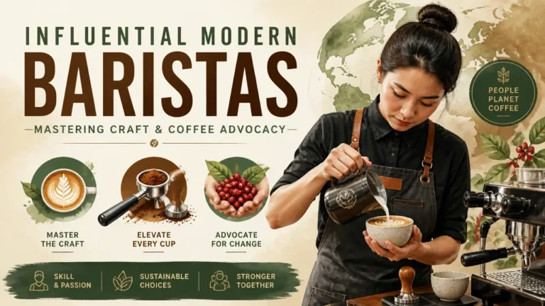 A stylized hyper-realistic 3D rendering of a professional barista with watercolor textures representing modern coffee advocacy.