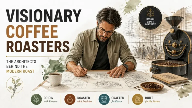 Hyper-realistic 3D magazine-style cover of famous coffee roasters featuring artisan beans, roasting equipment, and sleek infographic layout