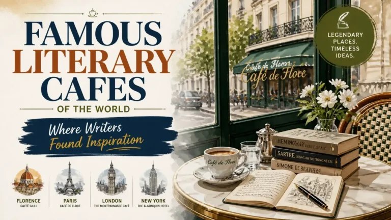 A hyper-realistic 3D rendering with watercolor textures depicting famous literary cafes where iconic writers found inspiration.
