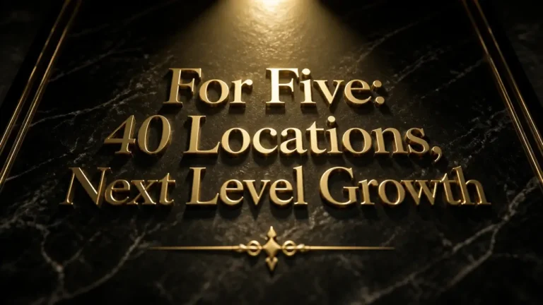 Bronze embossed typography on dark marble reading 'For Five: 40 Locations, Next Level Growth' for coffee roasters investment article.
