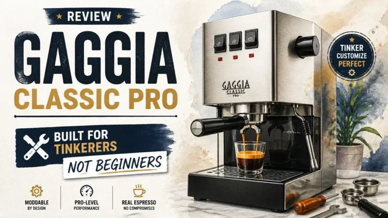 Professional 3D rendering of a Gaggia Classic Pro espresso machine with artistic watercolor texture and infographic elements.