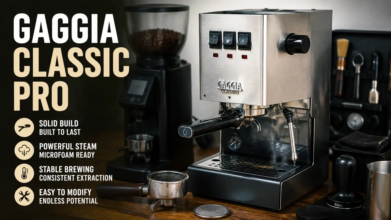Gaggia Classic Pro espresso machine with grinder and espresso tools on a home coffee station