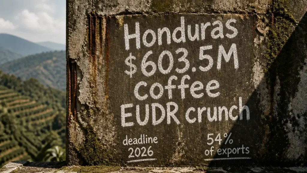 Chalk headline 'Honduras $603.5M coffee EUDR crunch' on weathered wall with blurred coffee hills background, illustrating EU deforestation regulation deadline pressure
