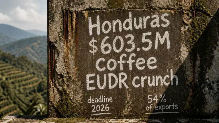 Chalk headline 'Honduras $603.5M coffee EUDR crunch' on weathered wall with blurred coffee hills background, illustrating EU deforestation regulation deadline pressure