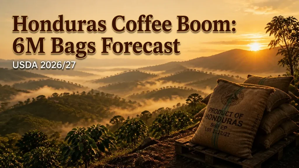 Golden hour view of Honduran coffee hills with mist and silhouetted coffee bags, overlaid with headline about 6 million bag forecast