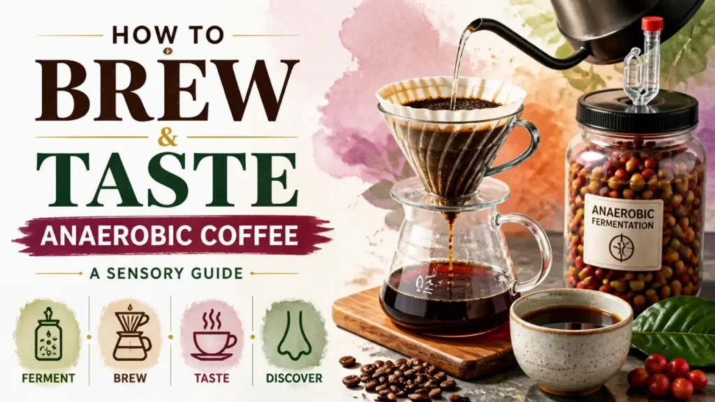 A stylized 3D artistic rendering showing the brewing process of anaerobic coffee with sensory flavor profile icons.