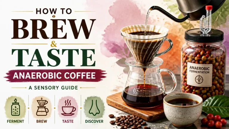 A stylized 3D artistic rendering showing the brewing process of anaerobic coffee with sensory flavor profile icons.