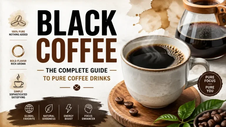 Hyper-realistic 3D render of a steaming cup of black coffee on a glossy surface, with watercolor texture accents and modern infographic layout, bright studio lighting