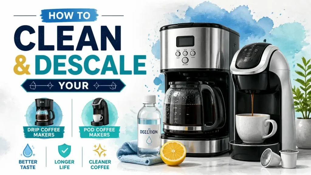 A stylized, professional 3D infographic showing steps on how to clean and descale coffee maker equipment with watercolor textures.