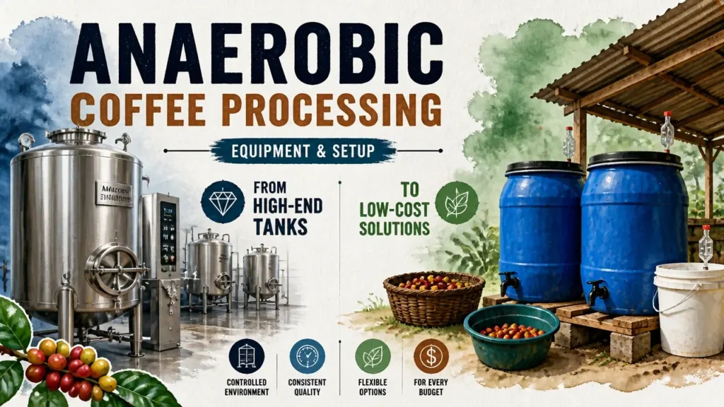 A professional 3D infographic showing how to compare anaerobic coffee processing tanks from high-end industrial units to cost-effective home setups.