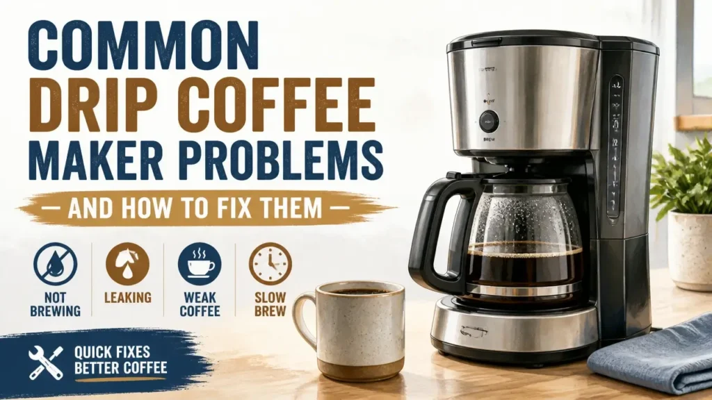 A professional 3D rendered coffee maker with stylized repair icons for how to fix drip coffee maker problems.