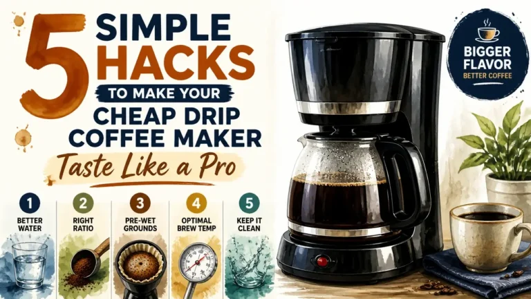 A stylized, professional infographic showing how to make cheap drip coffee maker taste better with a high-end coffee aesthetic.