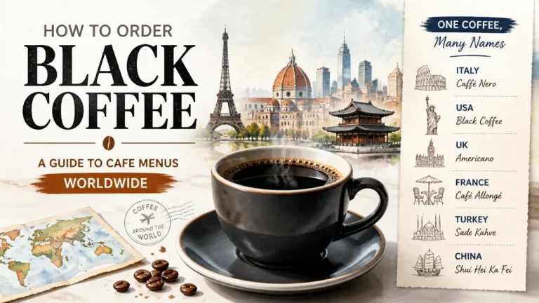 A stylized 3D infographic showing a perfect cup of black coffee for a guide on how to order black coffee globally.
