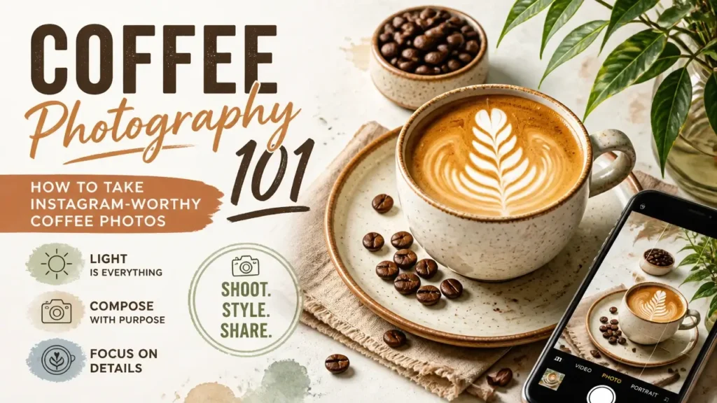 A professional 3D rendered coffee photography setup with watercolor textures for an article on how to take coffee photos.