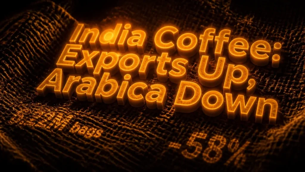 India coffee exports rise as arabica falls 5 Glowing 3D typography 'Exports Up, Arabica Down' on dark burlap texture illustrates India coffee exports rising while arabica declines