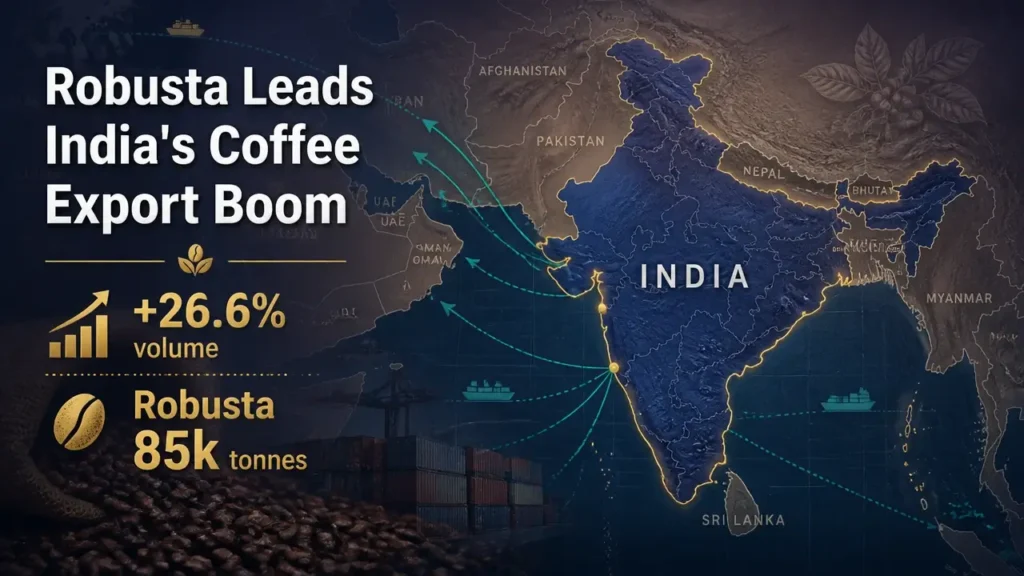 Stylized map of India with teal trade routes to West Asia, gold‑highlighted coastlines, and bold headline showing robusta coffee export surge