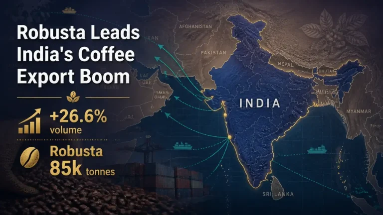 Stylized map of India with teal trade routes to West Asia, gold‑highlighted coastlines, and bold headline showing robusta coffee export surge