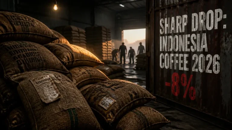 Stacked jute coffee bags in a dim warehouse with white painted headline 'Sharp Drop: Indonesia Coffee 2026' and red -8% stencil