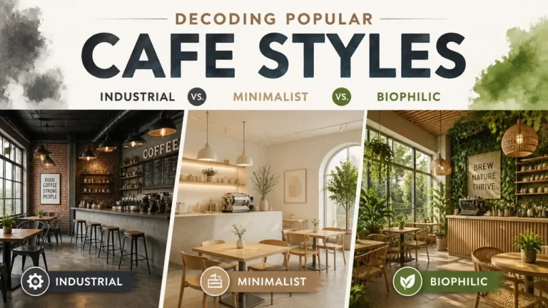A professional 3D infographic showing a comparison of industrial, minimalist, and biophilic cafe interior design styles.