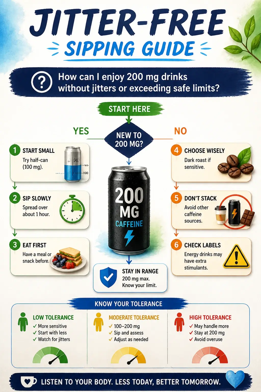 200mg Caffeine Drinks: Every Real Option Worth Ordering at a Café or Store 6 An infographic showing a step-by-step process for safe, jitter-free caffeine consumption of 200mg drinks.