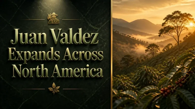Split image with metallic gold‑green text 'Juan Valdez Expands Across North America' on dark marble left and golden‑hour coffee plantation mist right