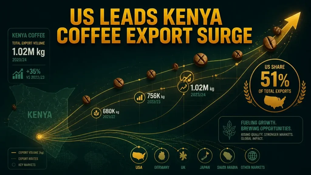 Abstract data‑driven graphic showing rising Kenyan coffee export volumes with US share highlighted, using flowing lines and coffee bean icons.