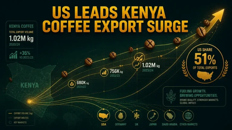 Abstract data‑driven graphic showing rising Kenyan coffee export volumes with US share highlighted, using flowing lines and coffee bean icons.