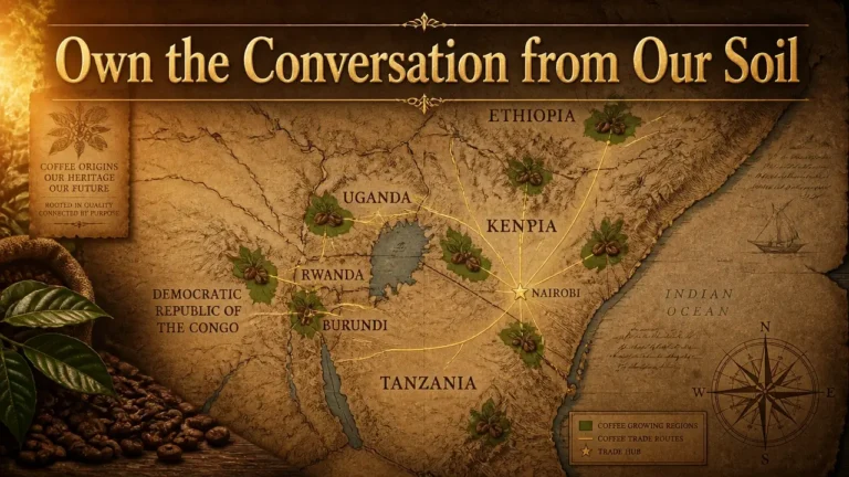 Antique map of East Africa with gold embossed headline 'Own the Conversation from Our Soil', symbolizing the Kenya Coffee Hub's origin-based trade platform.