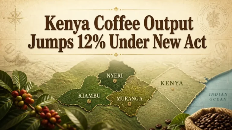 Cartographic map of Kenya coffee regions with typographic headline about production rise under new Coffee Act