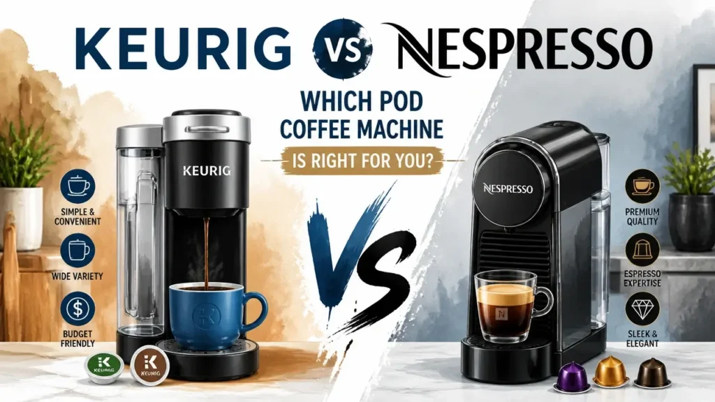 A stylized hyper-realistic 3D rendering comparing a Keurig and Nespresso coffee machine side-by-side with a modern infographic layout.