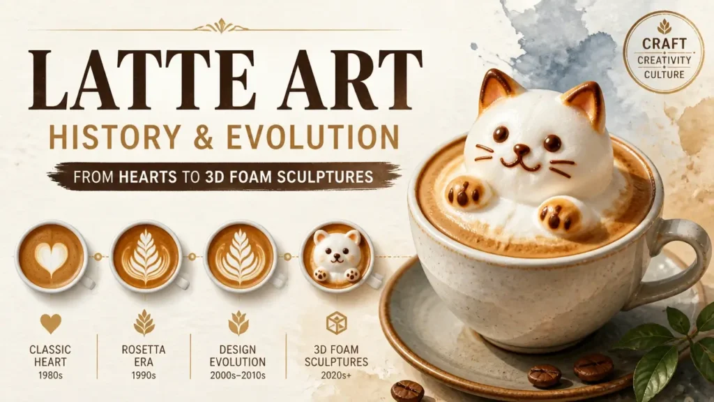 A stylized, high-quality artistic rendering showcasing the evolution of latte art history from simple hearts to intricate 3D foam sculptures.
