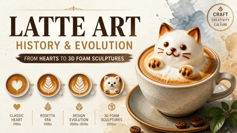 A stylized, high-quality artistic rendering showcasing the evolution of latte art history from simple hearts to intricate 3D foam sculptures.
