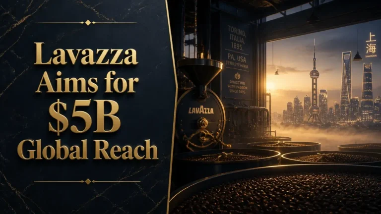Split image with gold embossed Lavazza headline on dark marble left and misty US coffee plant interior merging into a neon Shanghai skyline right, representing global expansion