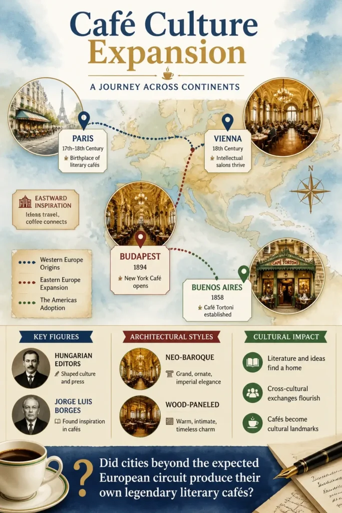 An infographic map showing the global expansion of literary cafes from Paris and Vienna to Budapest and Buenos Aires.