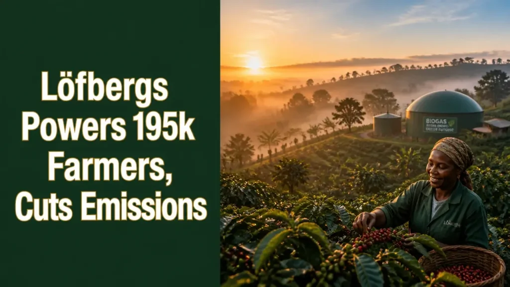Split image with bold headline on left and misty sunrise coffee farm with green hills on right, highlighting Löfbergs sustainability impact